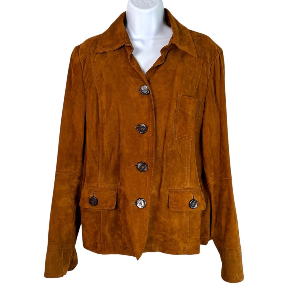 Vintage Women Talbots Cognac Suede Leather Jacket Sz L Western Boho Y2K Festival - Picture 2 of 14